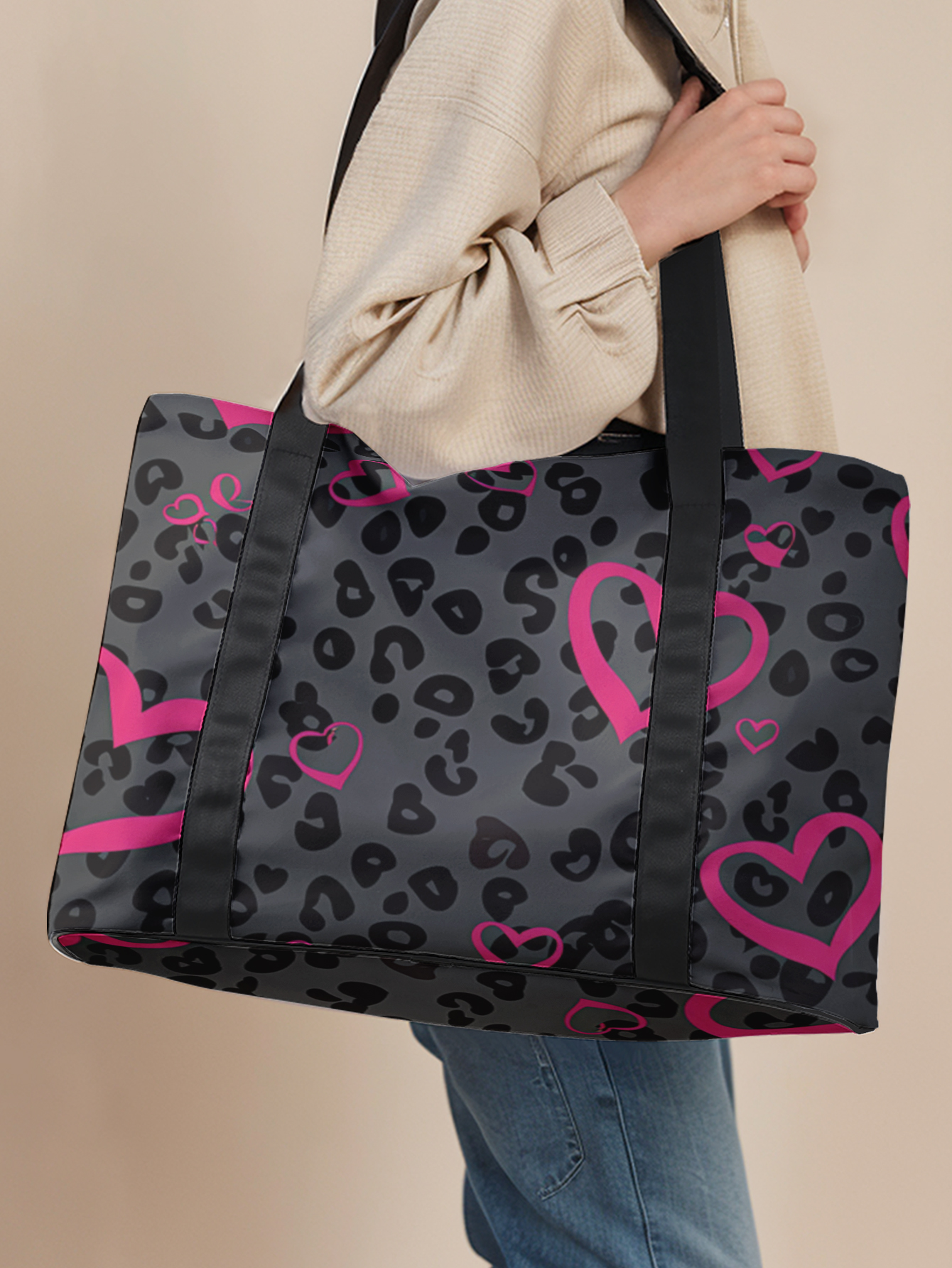 Home Gym Packages - Leopard Pink Heart Print Large Tote